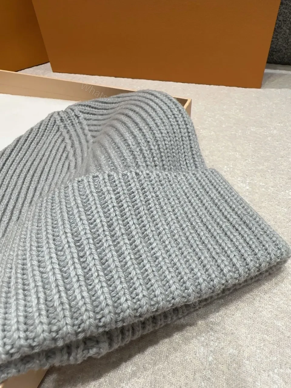 View 4 of Textured Knit Beanie, Gray Wool Blend, Minimalist, Discreet Logo, Beanie
