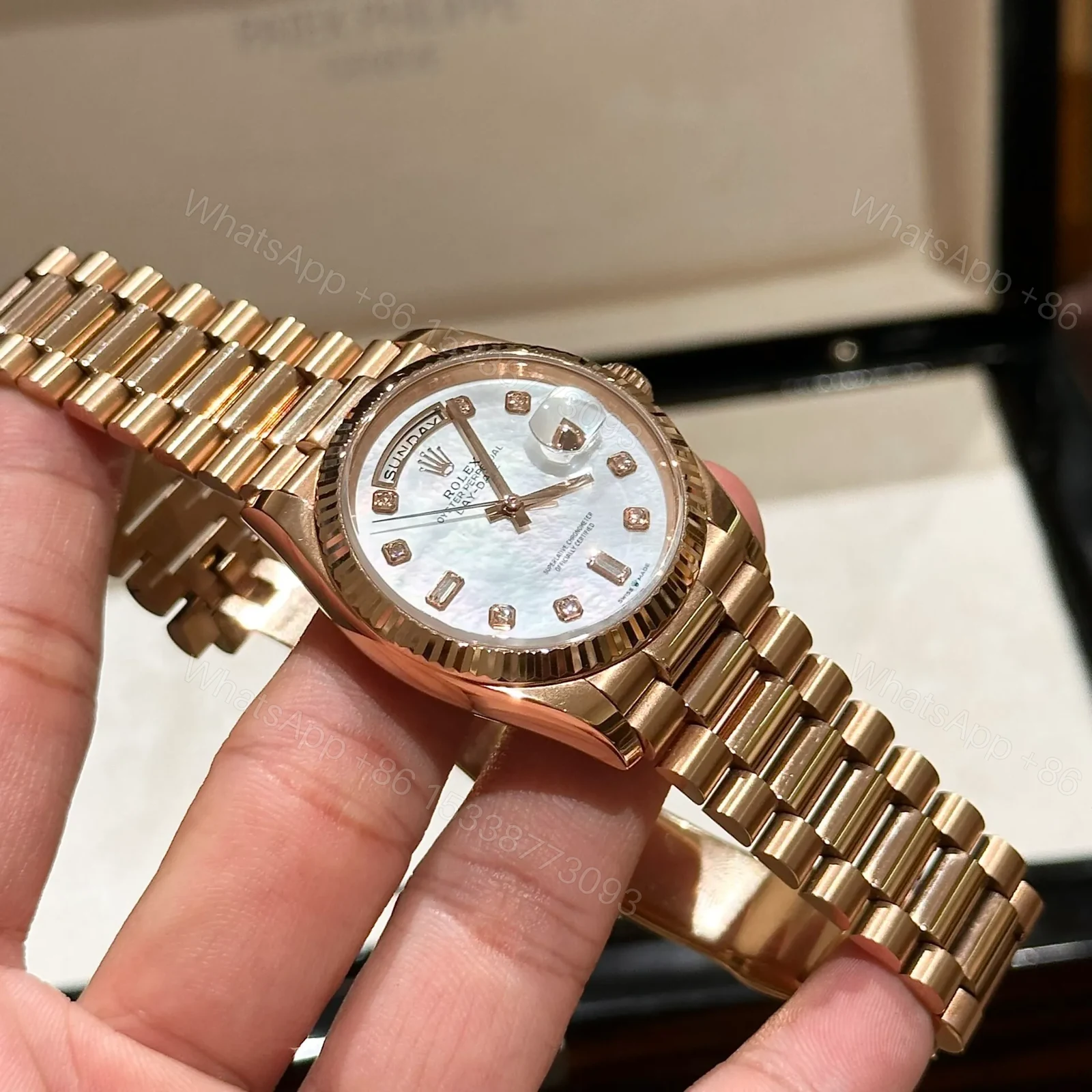 View 5 of Superclone Rolex Day-Date White Mother-of-Pearl Diamond Dial 128235-0029 36 mm