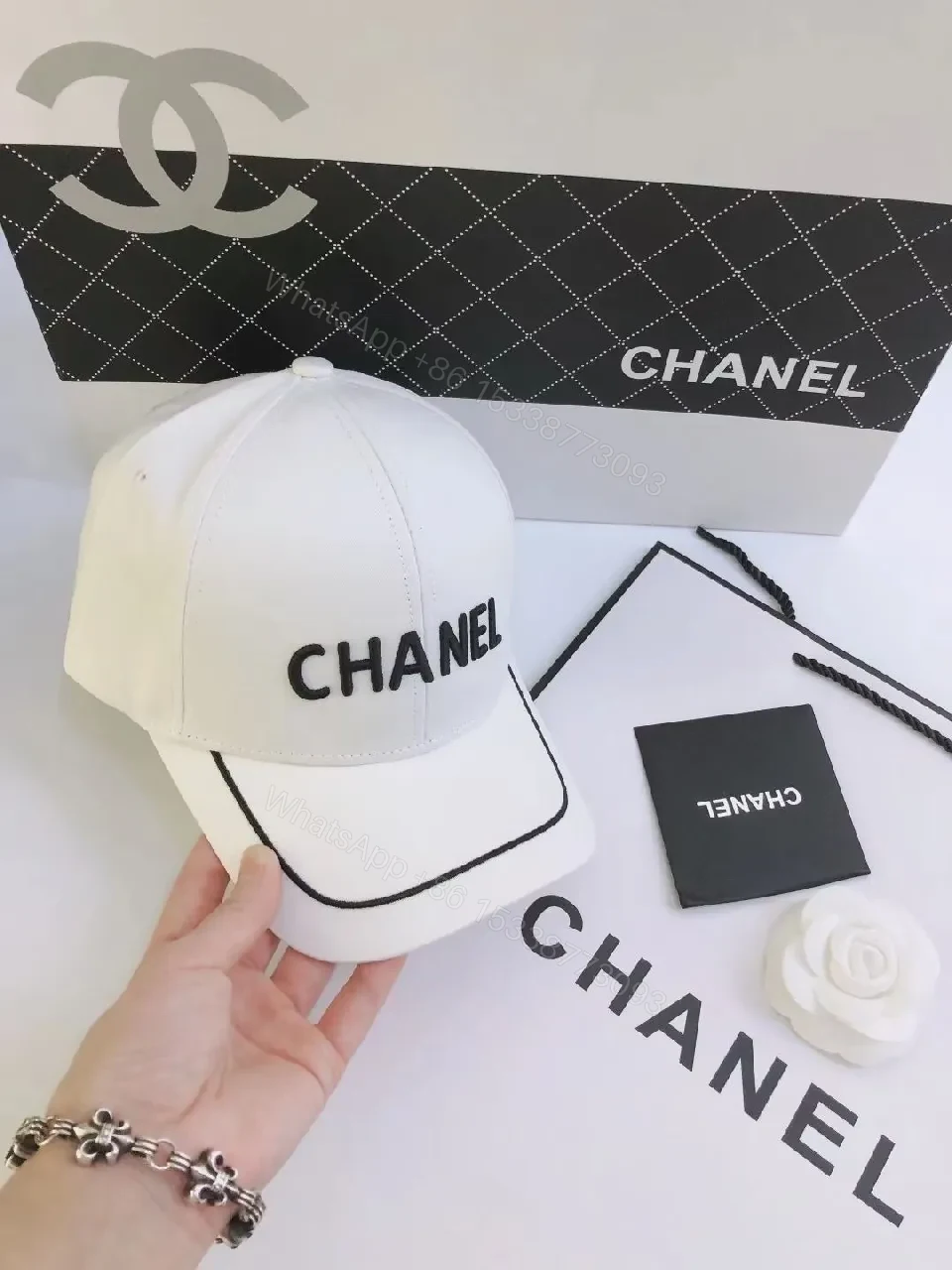 View 3 of Black/White Cotton Cap – Minimalist Luxe with Contrast Stitching, Adjustable Back