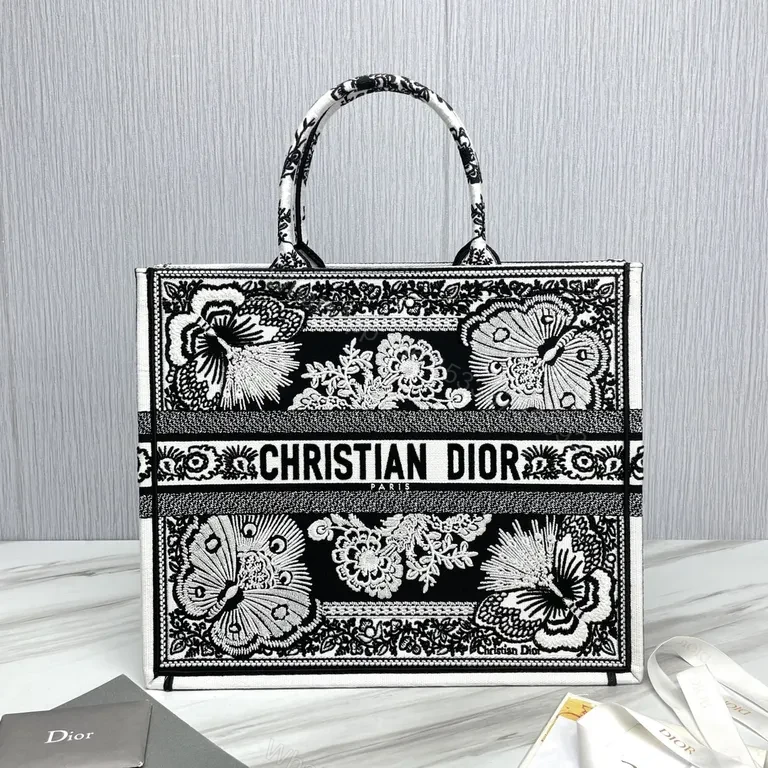Monochrome Dior Floral Tote - Jacquard, Logo Band, Luxe Versatility — view 1