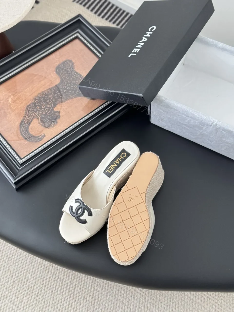 View 3 of Cream Leather Espadrille Mules with Logo Embroidery, Wedge Heel, Open-Toe