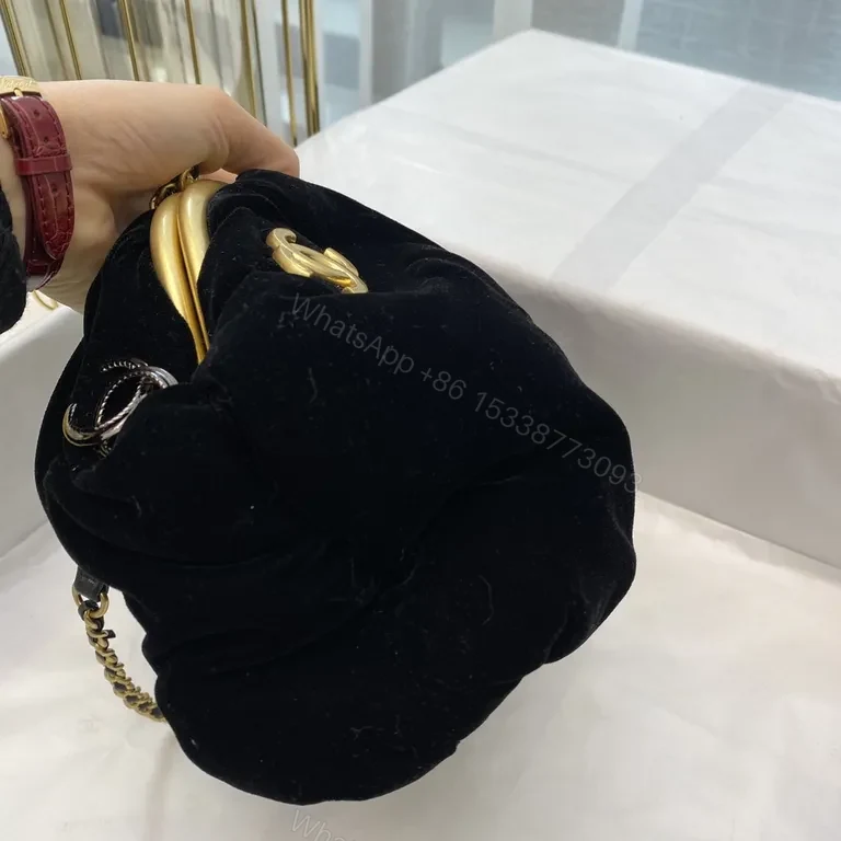 View 8 of Black Velvet Lounge Bag with Goldâ€“Silver Hardware Bag