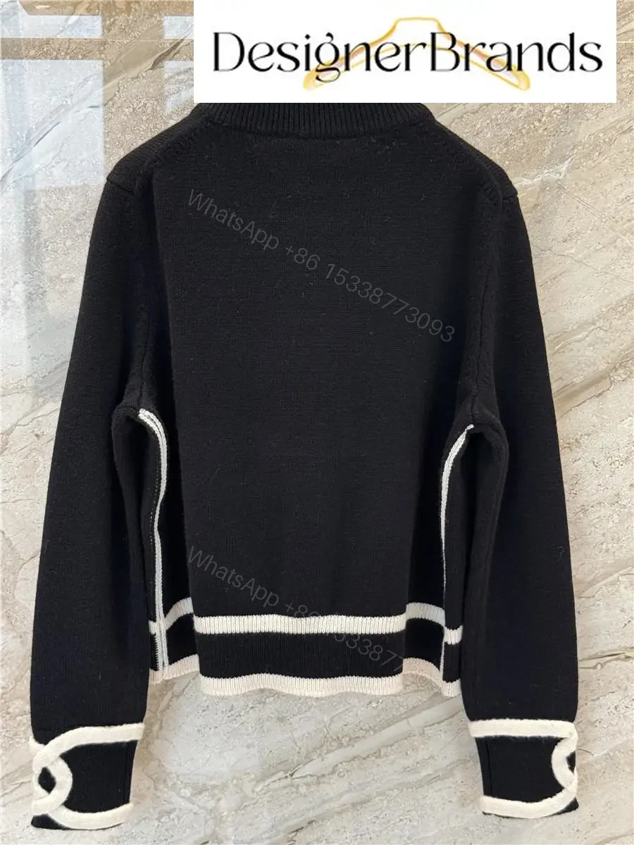 View 7 of Black Knit Cardigan with Piping & Gold Accents