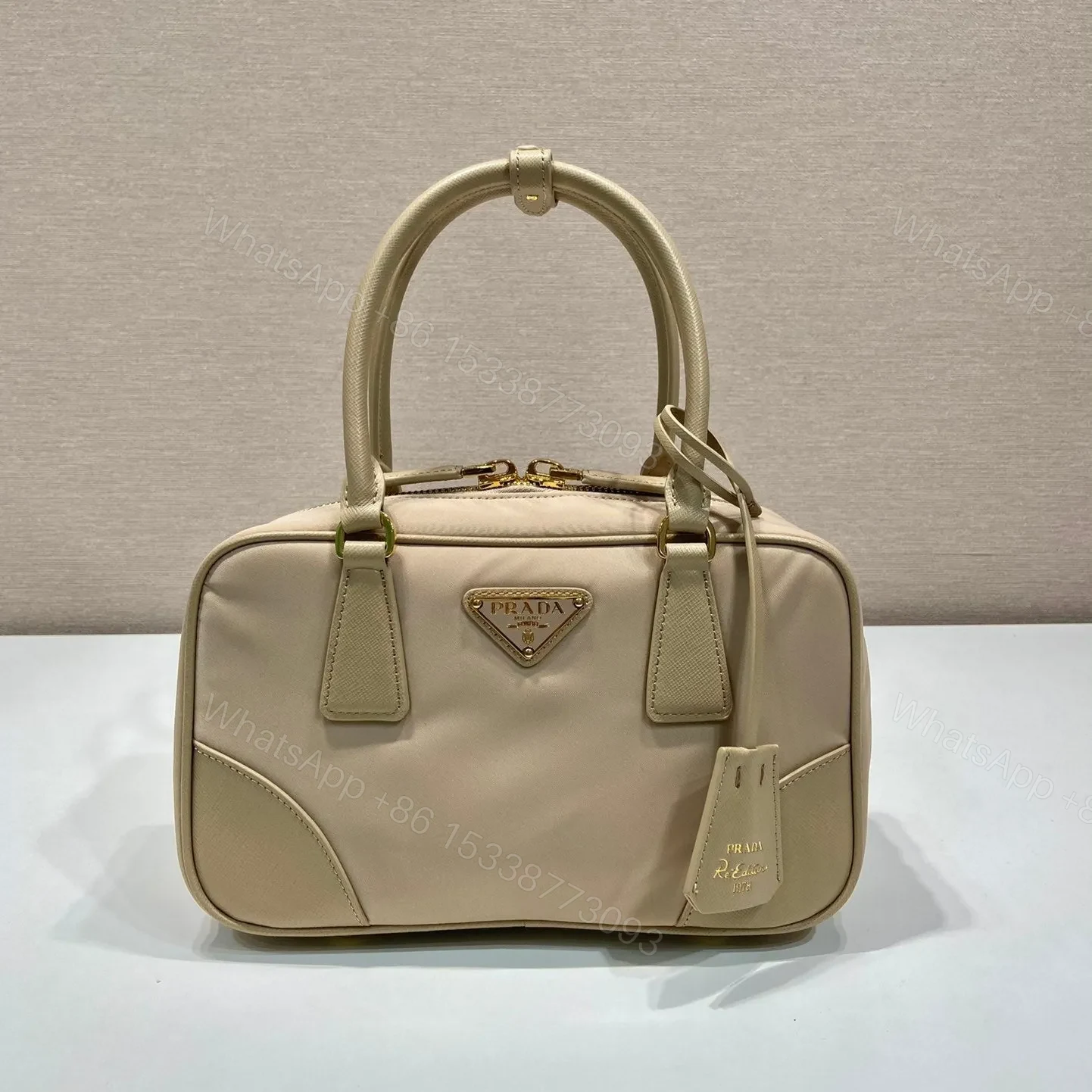 SMALL TOP HANDLE BAG 25 IN DRIED MOSS NYLON AND CALFSKIN TRIM — view 1