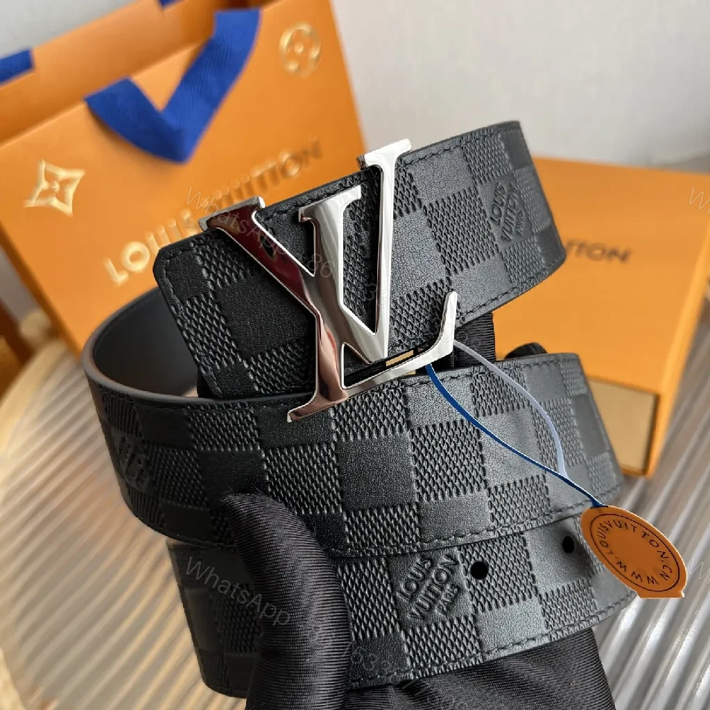 View 3 of Checkerboard Leather Belt with LV-Look Buckle