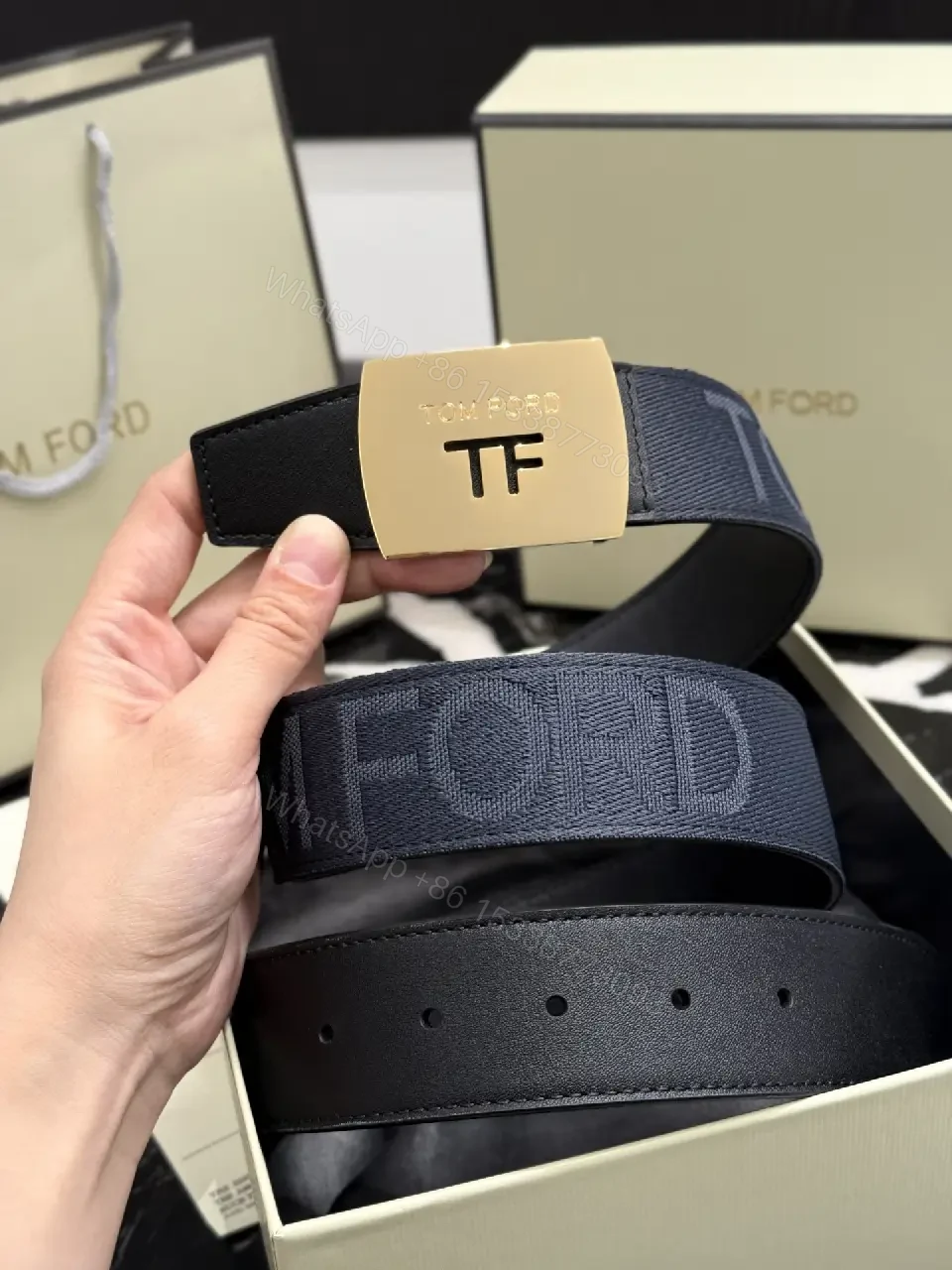 View 6 of Navy Leather-Texture Belt with Champagne Hardware