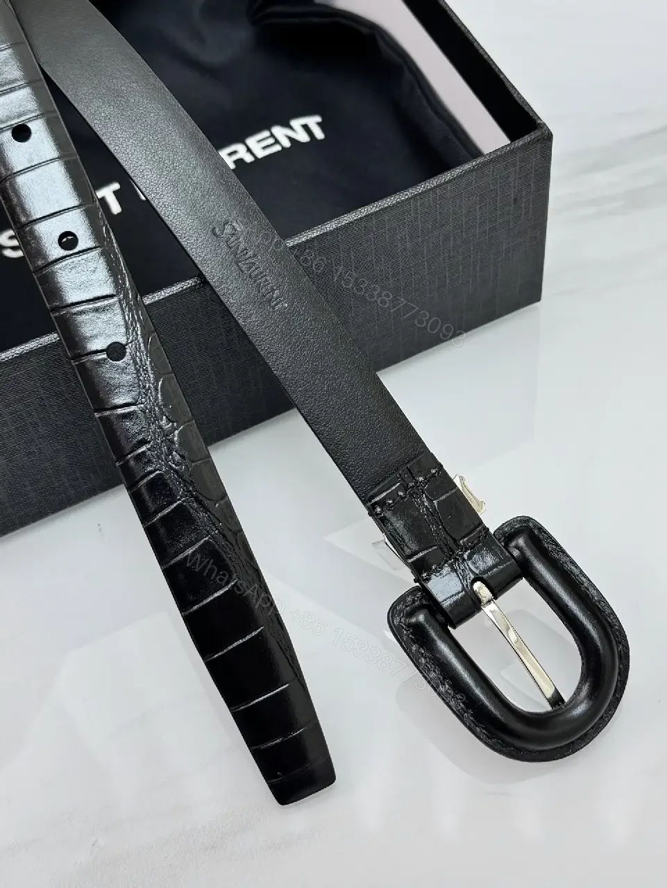 View 5 of Black Croc-Embossed Leather Belt, Silver Buckle, Elegant Saint Laurent Style