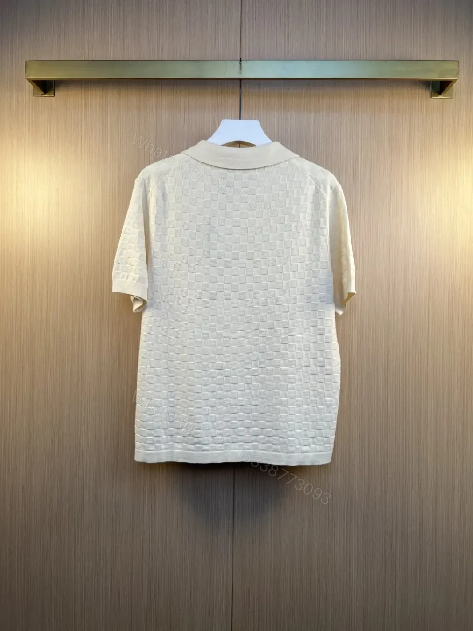 View 4 of Off-White Cream Polo Shirt, Subtle Grid Pattern, 3-Button Placket