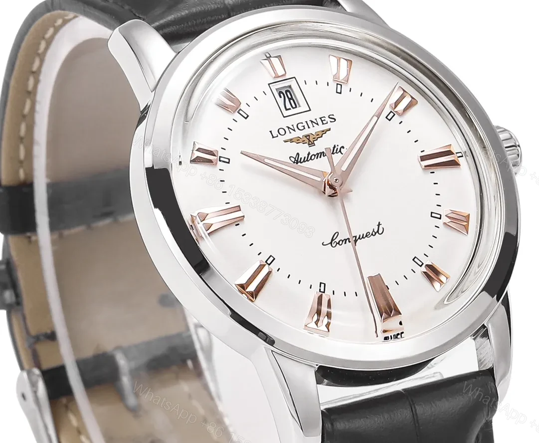 View 6 of Longines Conquest Classic Re Edition Cyclops Watch Silver Dial Black Leather Strap 40mm Case Automatic Movement