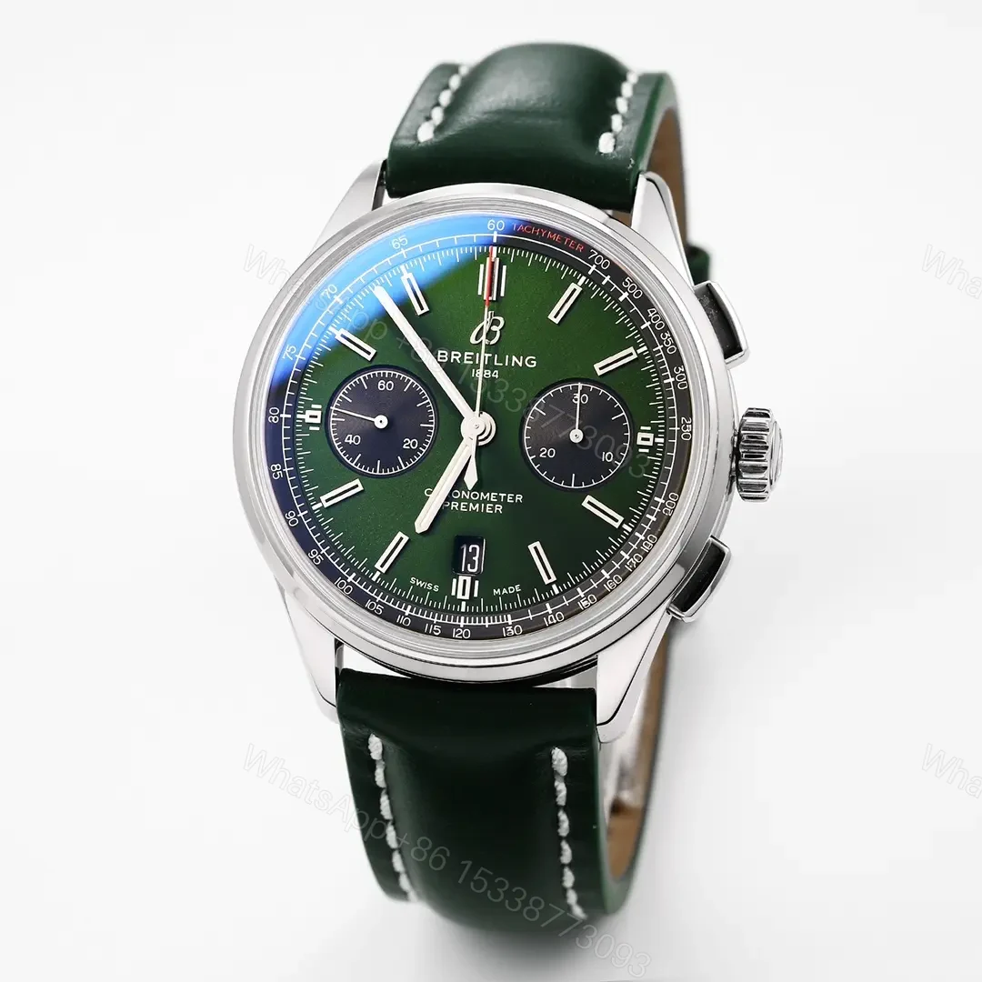 View 2 of JF Factory Breitling Premier B01 Chronograph Watch – Green Dial, 42mm Stainless Steel Case, Leather Strap