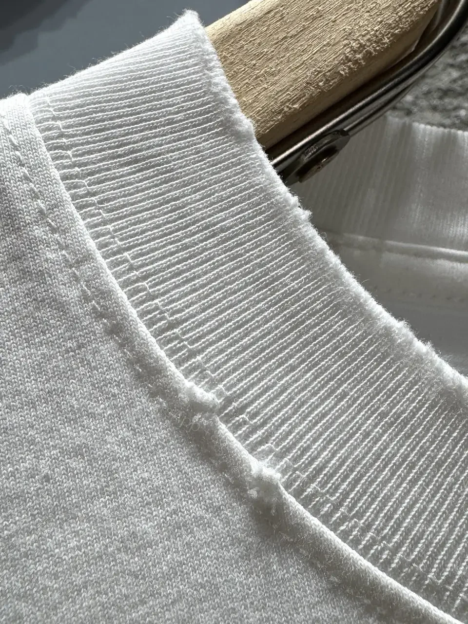 View 8 of White Distressed Tee with LV-Inspired Patch, Short Sleeve, Premium Cotton Blend