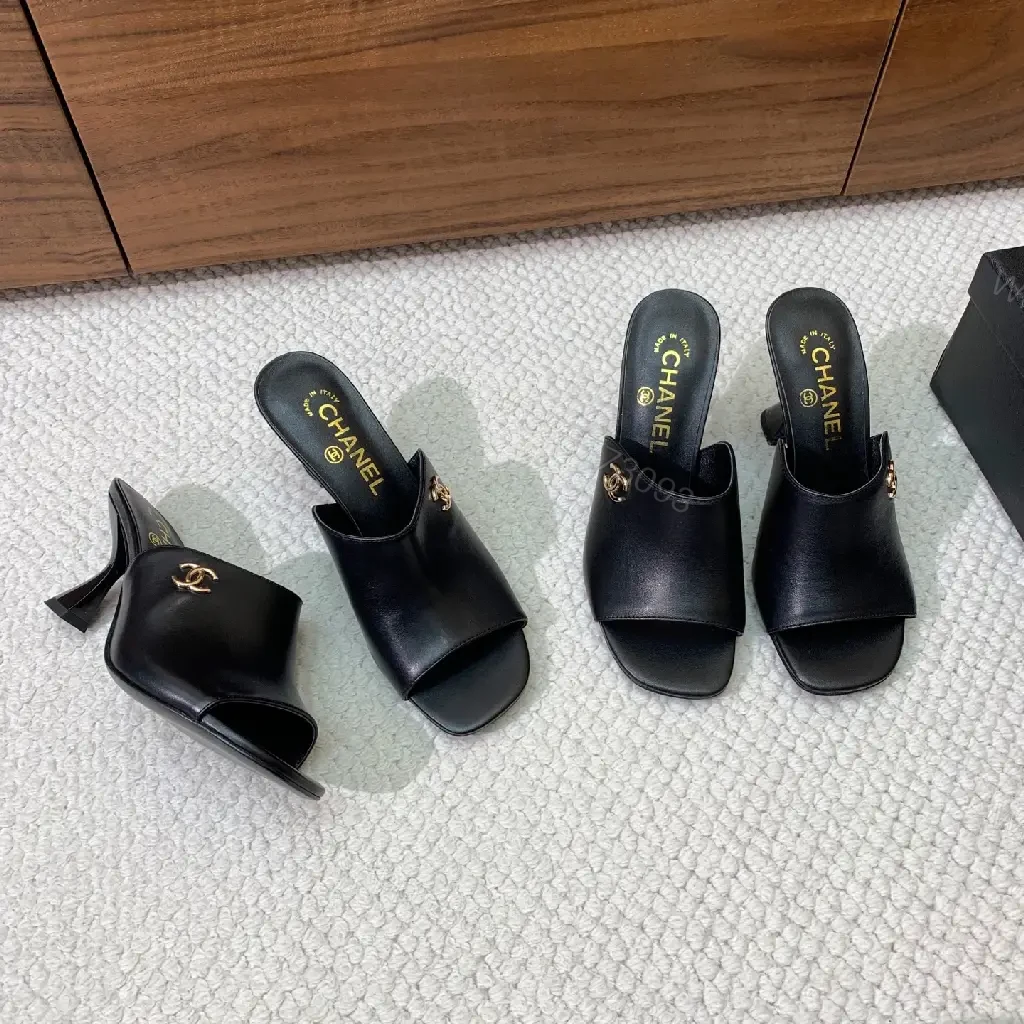View 9 of Chic Black Leather Slide Heels – Luxe Comfort, Gold Hardware