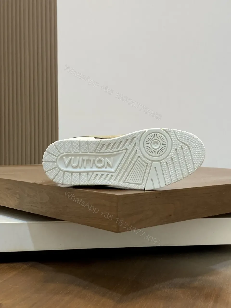 View 7 of Beige Canvas Louis Vuitton-Style Sneaker with Iconic Accents