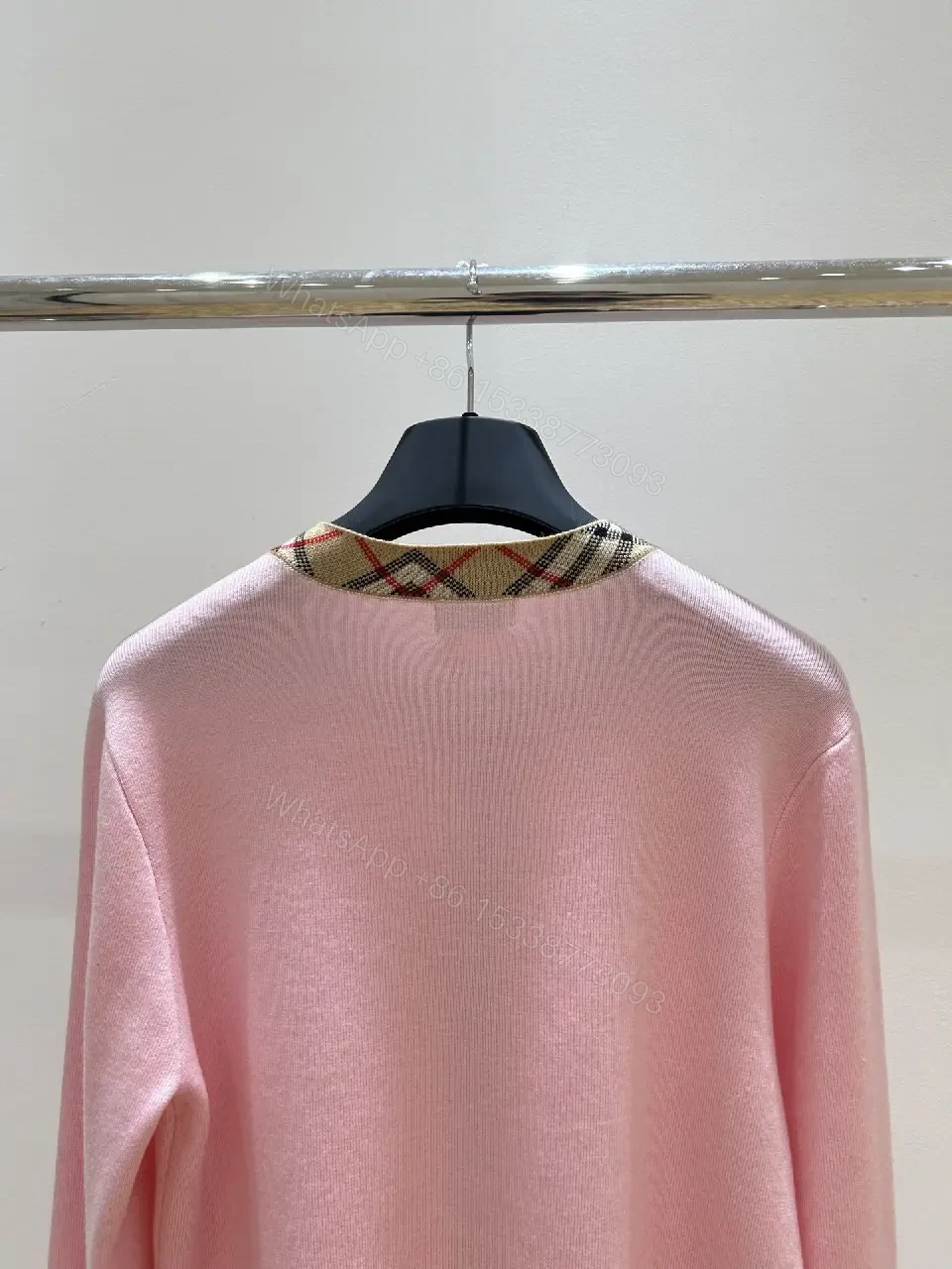 View 3 of Soft Pink Cardigan with Signature Check Collar Knitwear, Lightweight Warmth