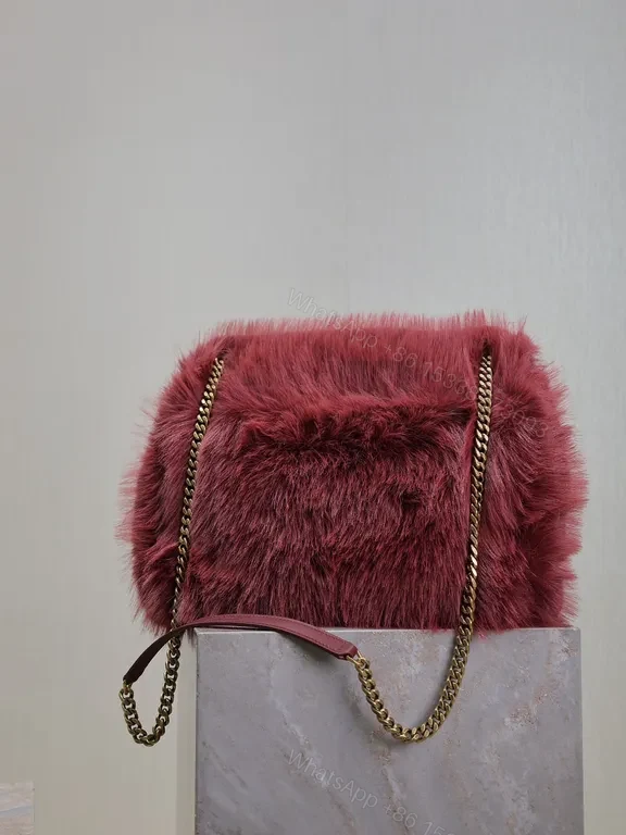 View 8 of Lux Burgundy Faux Fur Tote with Gold Hardware â€” Urban-Chic Luxury