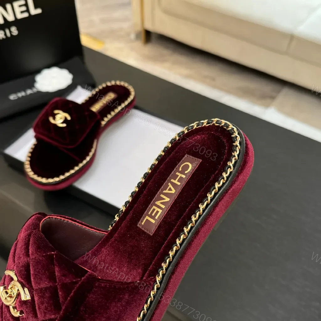 View 4 of Deep Wine Velvet Mules with Gold Chain Trim Slides