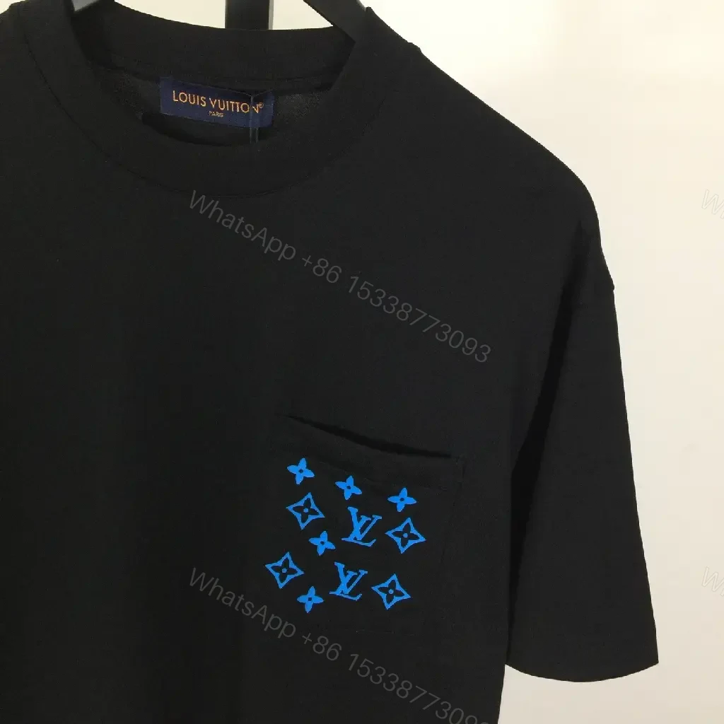 View 6 of Black Cotton Tee with Blue Pocket Embroidery — Luxe Streetwear Essential