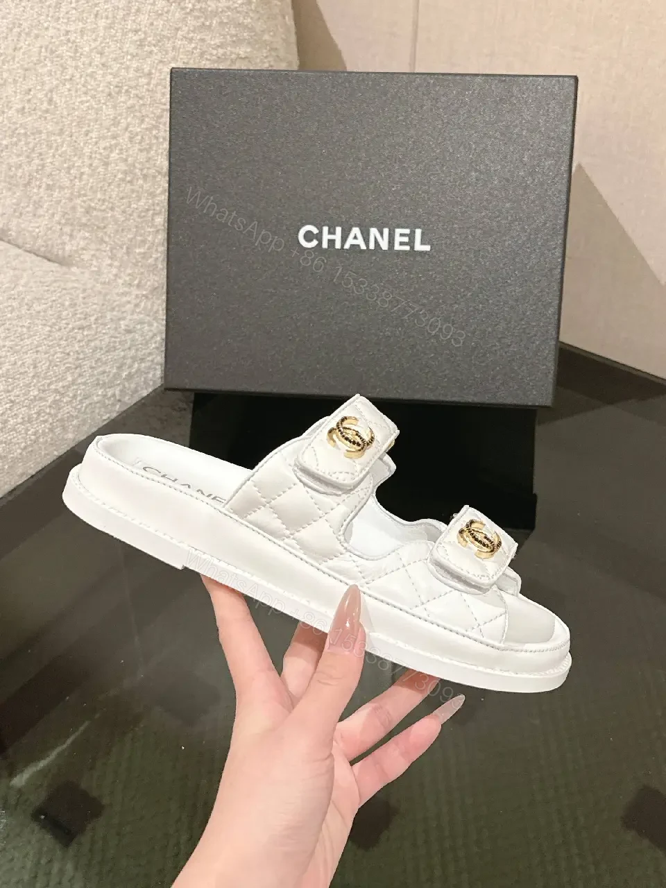 View 5 of White Leather Slides with Gold Accents - Luxe Comfort Slip-Ons