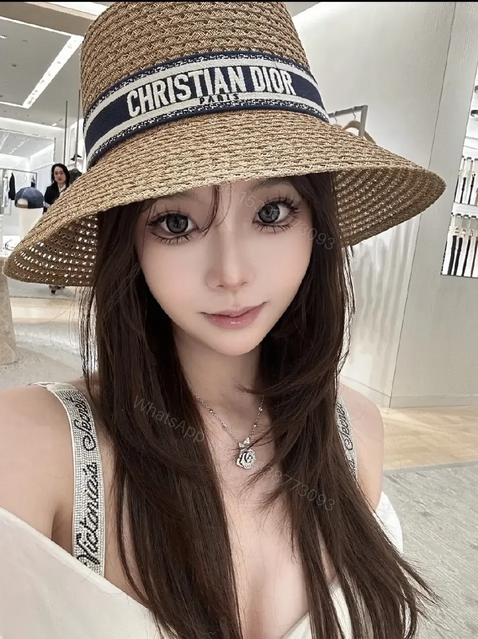 View 6 of Natural Straw Boater Hat with Ribbon Brand Stripe - Dior Inspired
