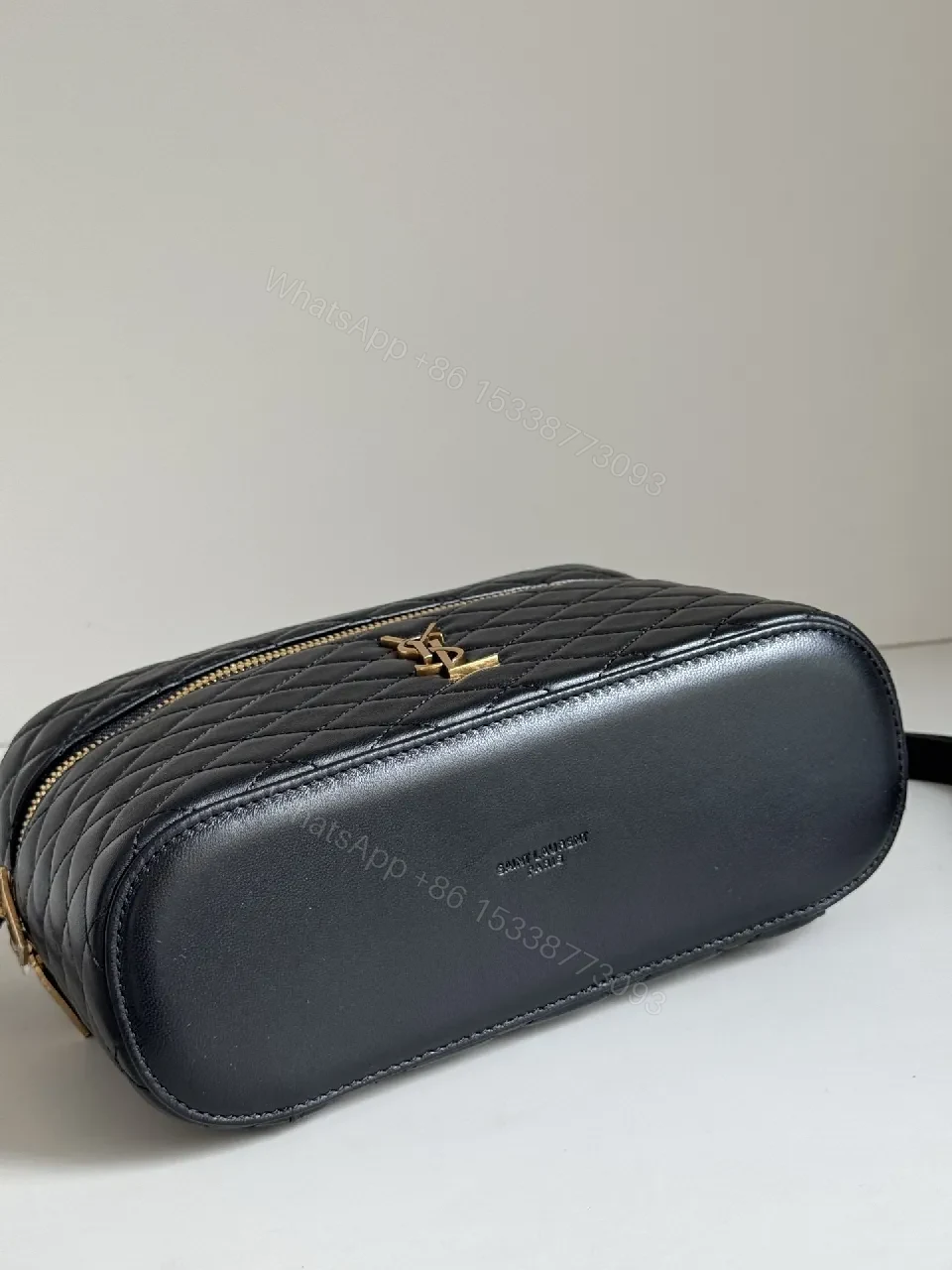 View 8 of Quilted Crossbody Bag: Black Leather, Gold-Detail, Compact Luxe