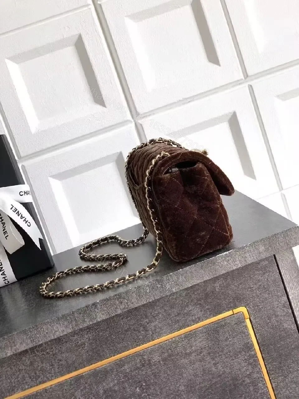 View 6 of Velvet Flap Bag with Gold Logo Chain, Compact Luxury