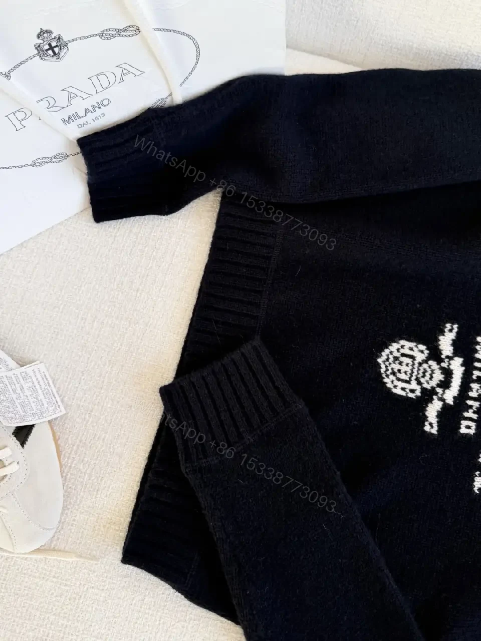 View 5 of Black Knit Logo Crest Luxe Sweater, Relaxed Fit, Premium Knit