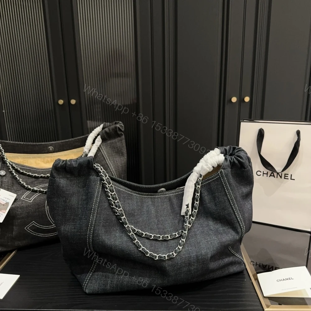 View 4 of Chanel Large Tote Bag Black Denim Chain Strap 36Cm