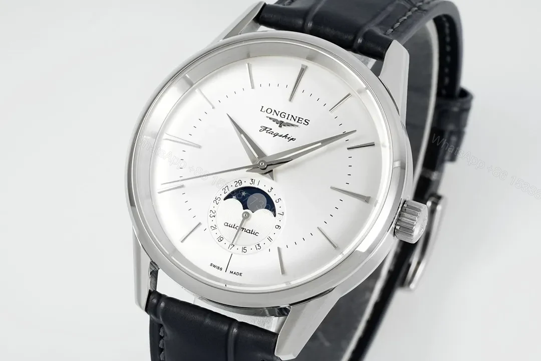 View 3 of Longines Classic Flagship Moonphase Watch Silver Dial Black Leather Strap