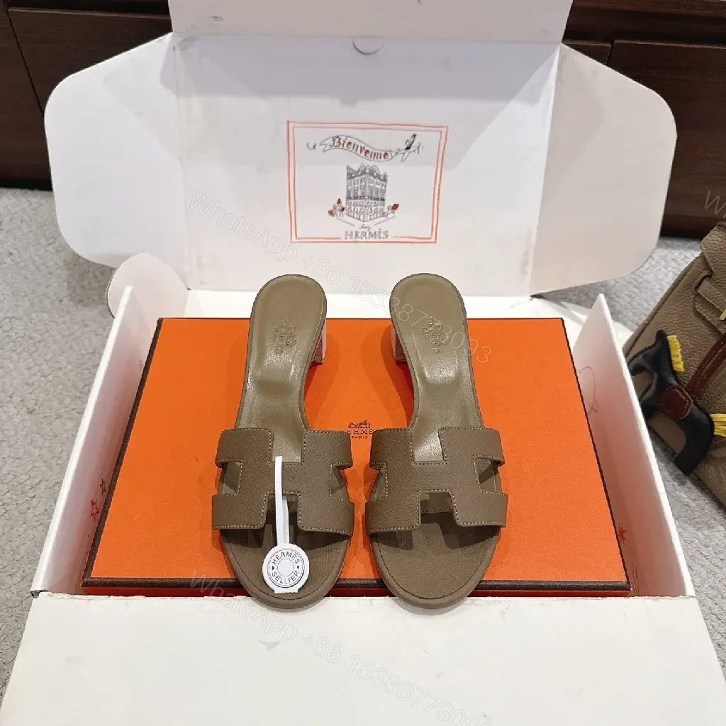 View 8 of Brown Leather Hermes-Style Heeled Sandals, Grained, Open-Toe, Signature Buckle, Sandal Type