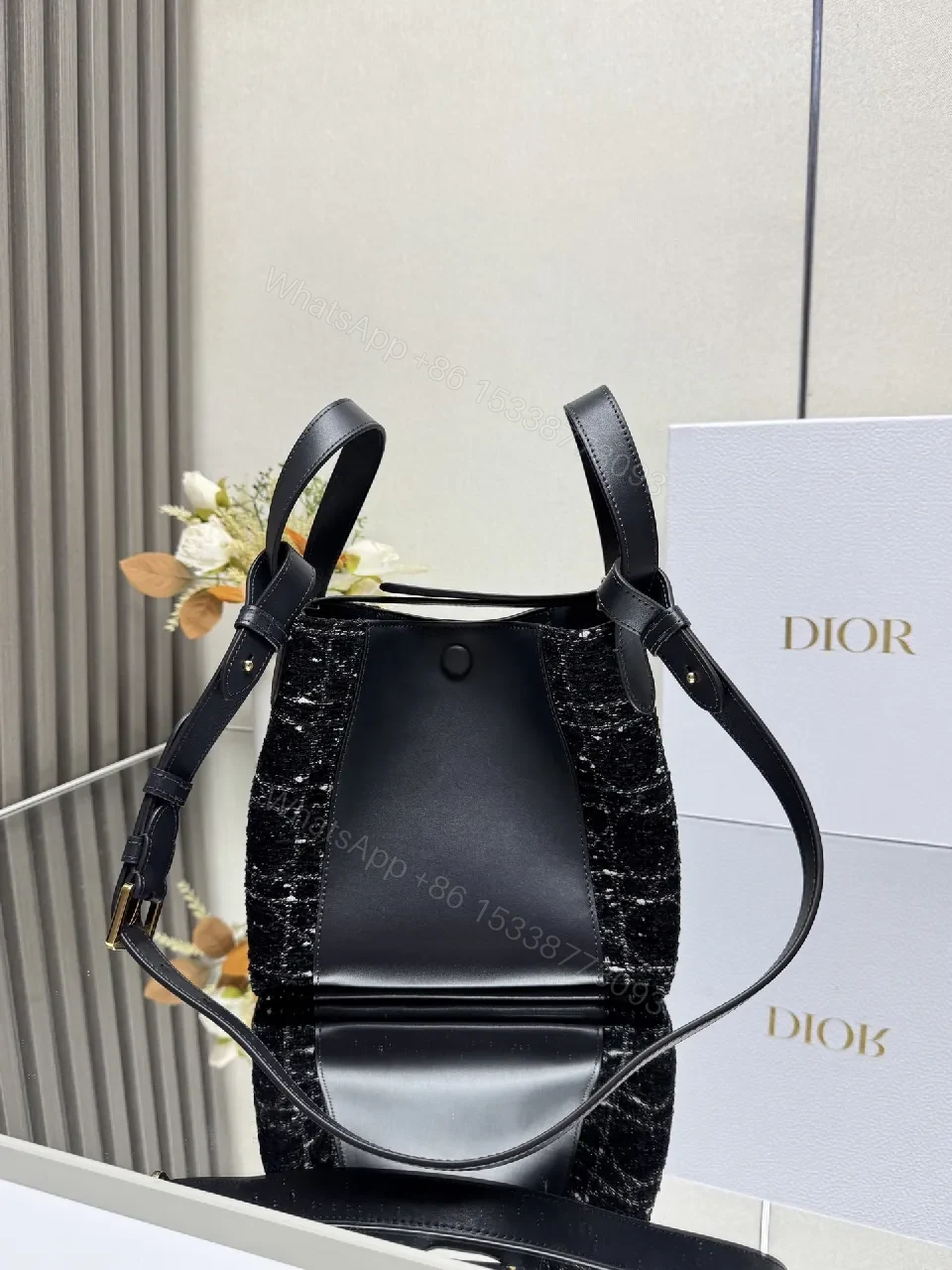 View 5 of Compact Black Leather Tote with Textured Panel, Adjustable Strap