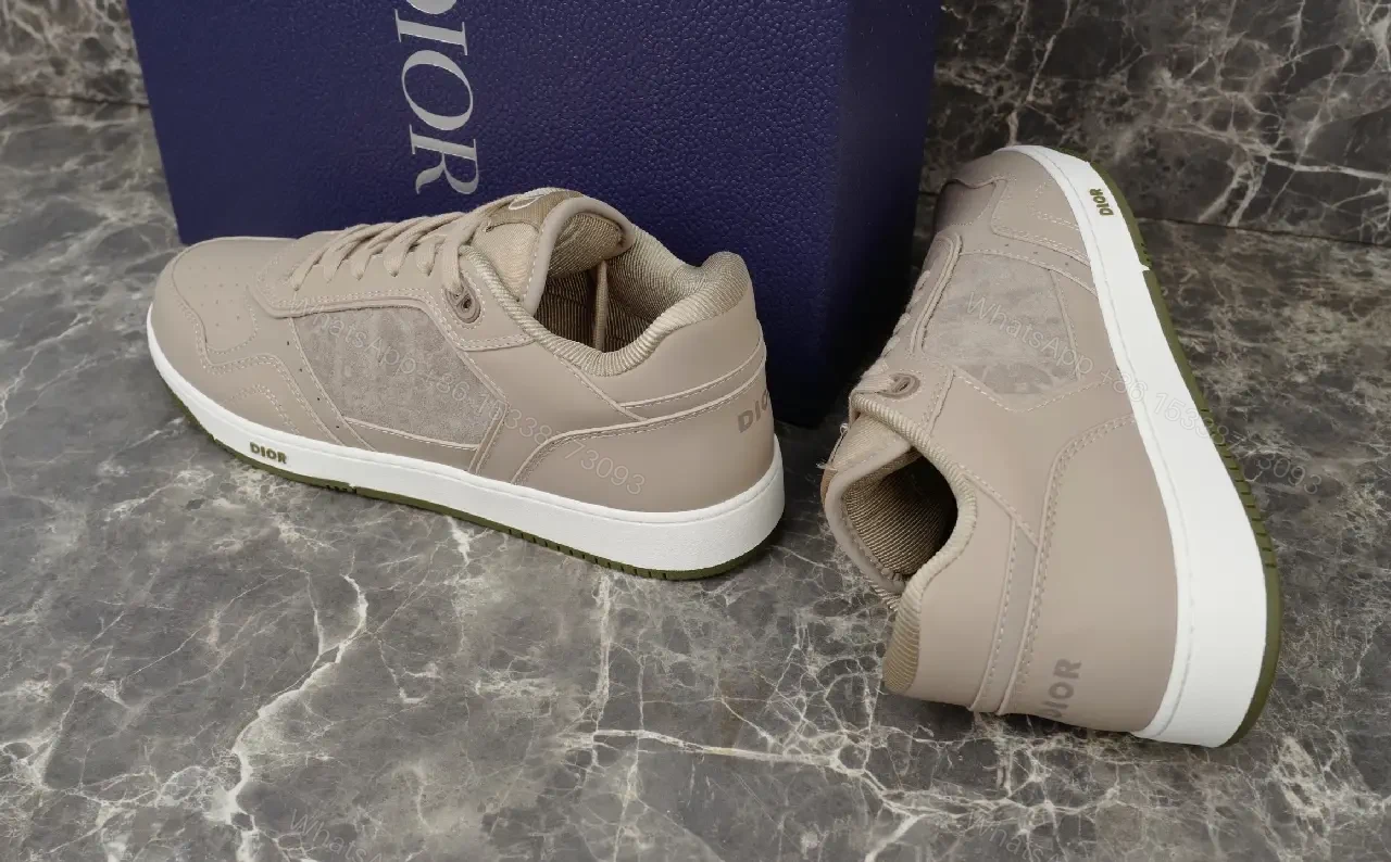 View 3 of Beige Leather Streetwear Sneakers, Low-Top, Dior-inspired