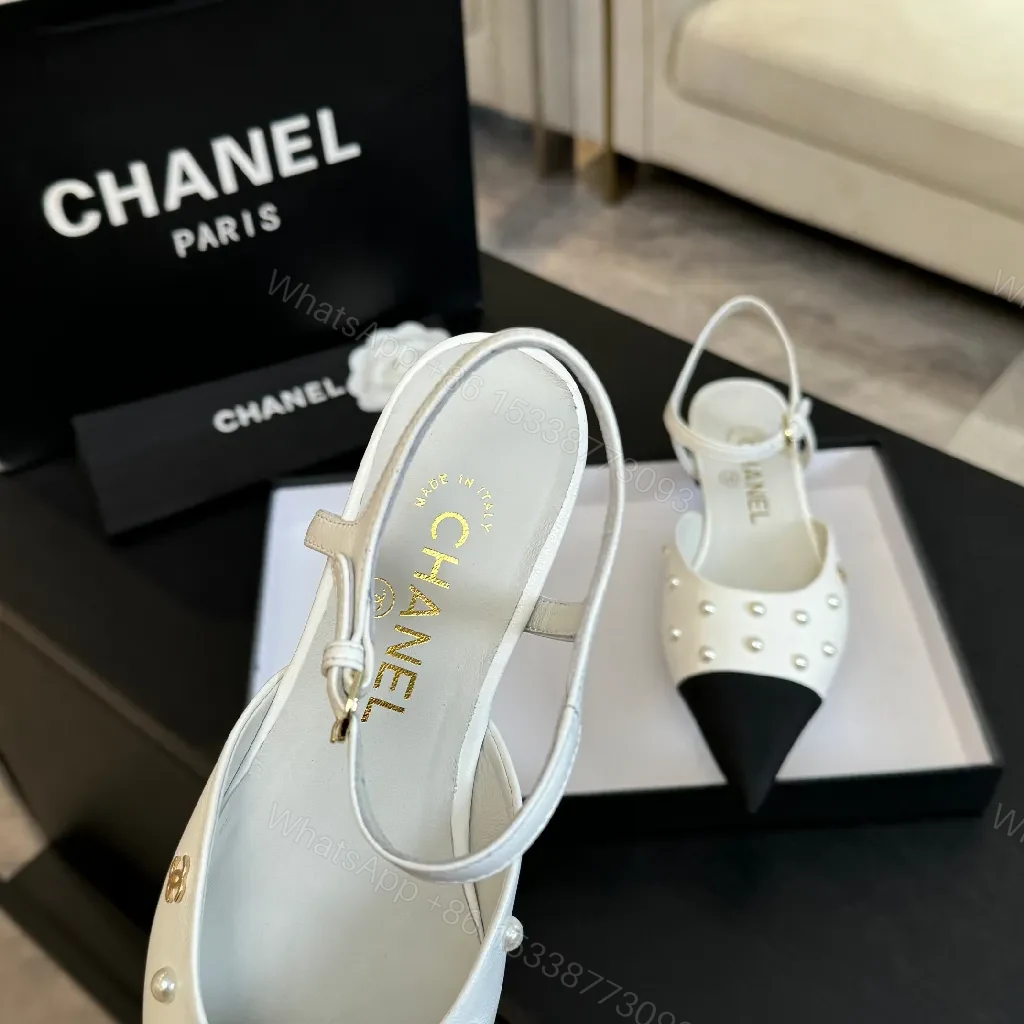 View 2 of Ivory & Black Pearl Slingbacks: Two-Tone Pointed-Toe Shoe