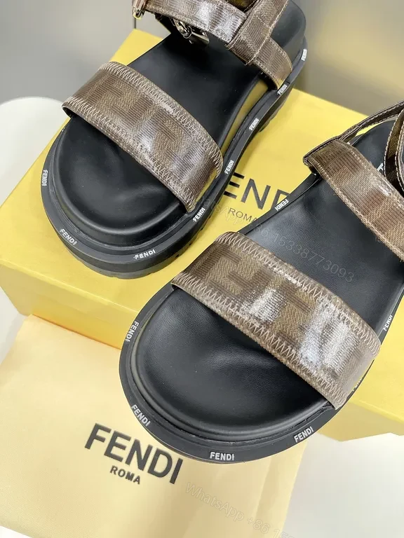View 8 of Brown Leather Sandals + Fendi Logo Pattern + Slide + Adjustable Buckle + Sandals