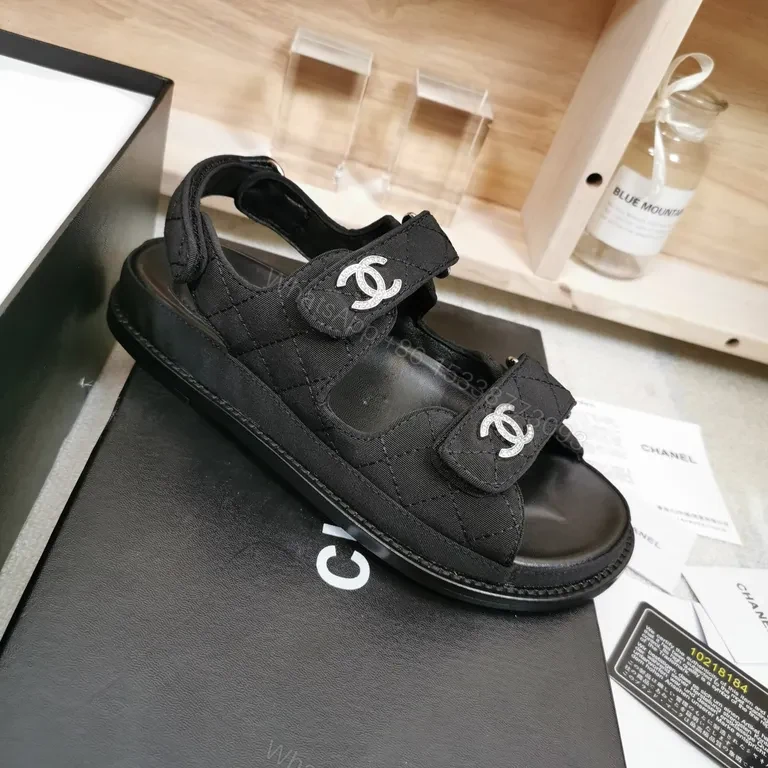 View 2 of Chanel-Inspired Black Leather Sandals with Logo Details