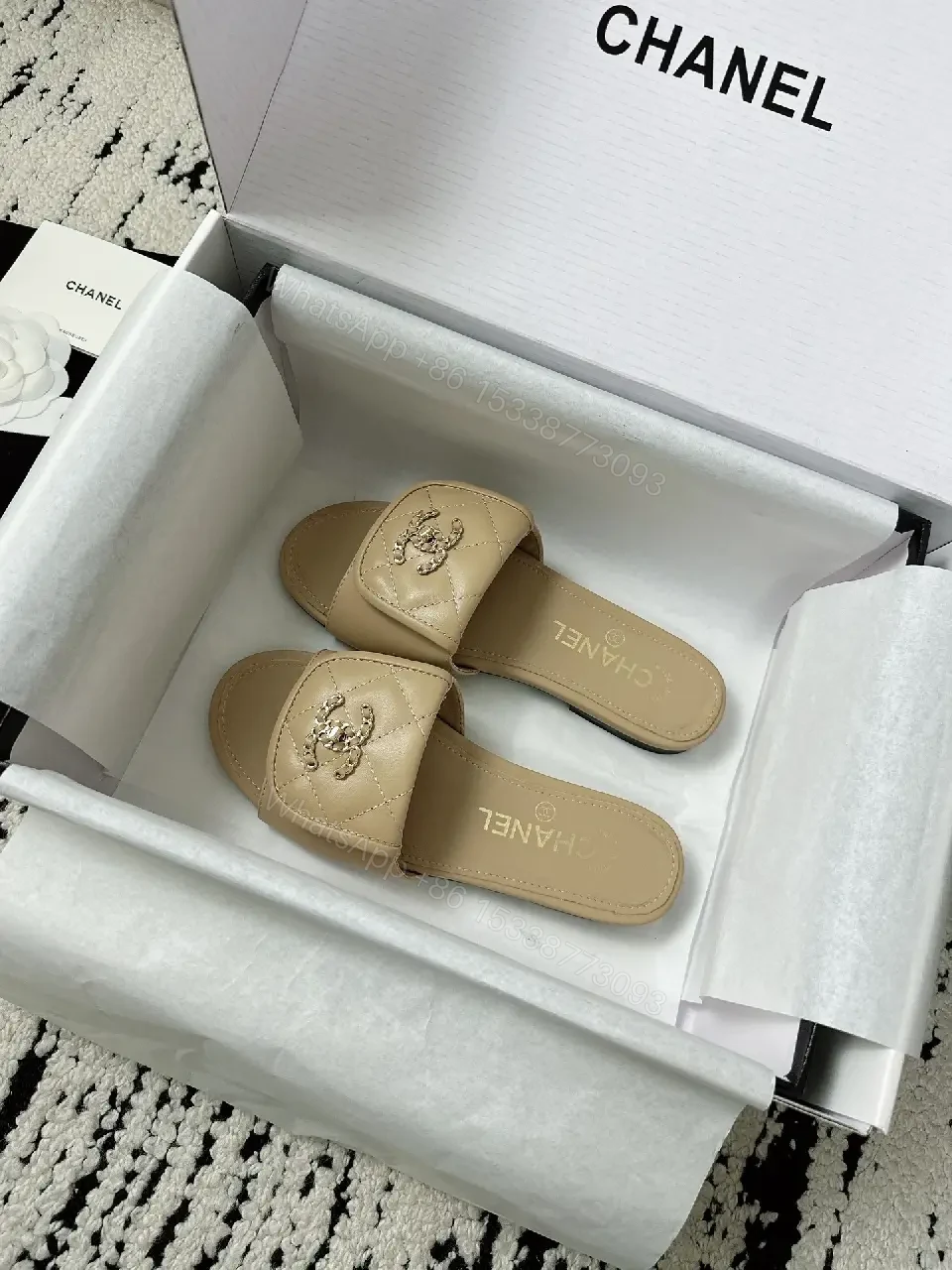 View 2 of Neutral Beige Leather Slides + Logo Accent, Modern Luxury Slide