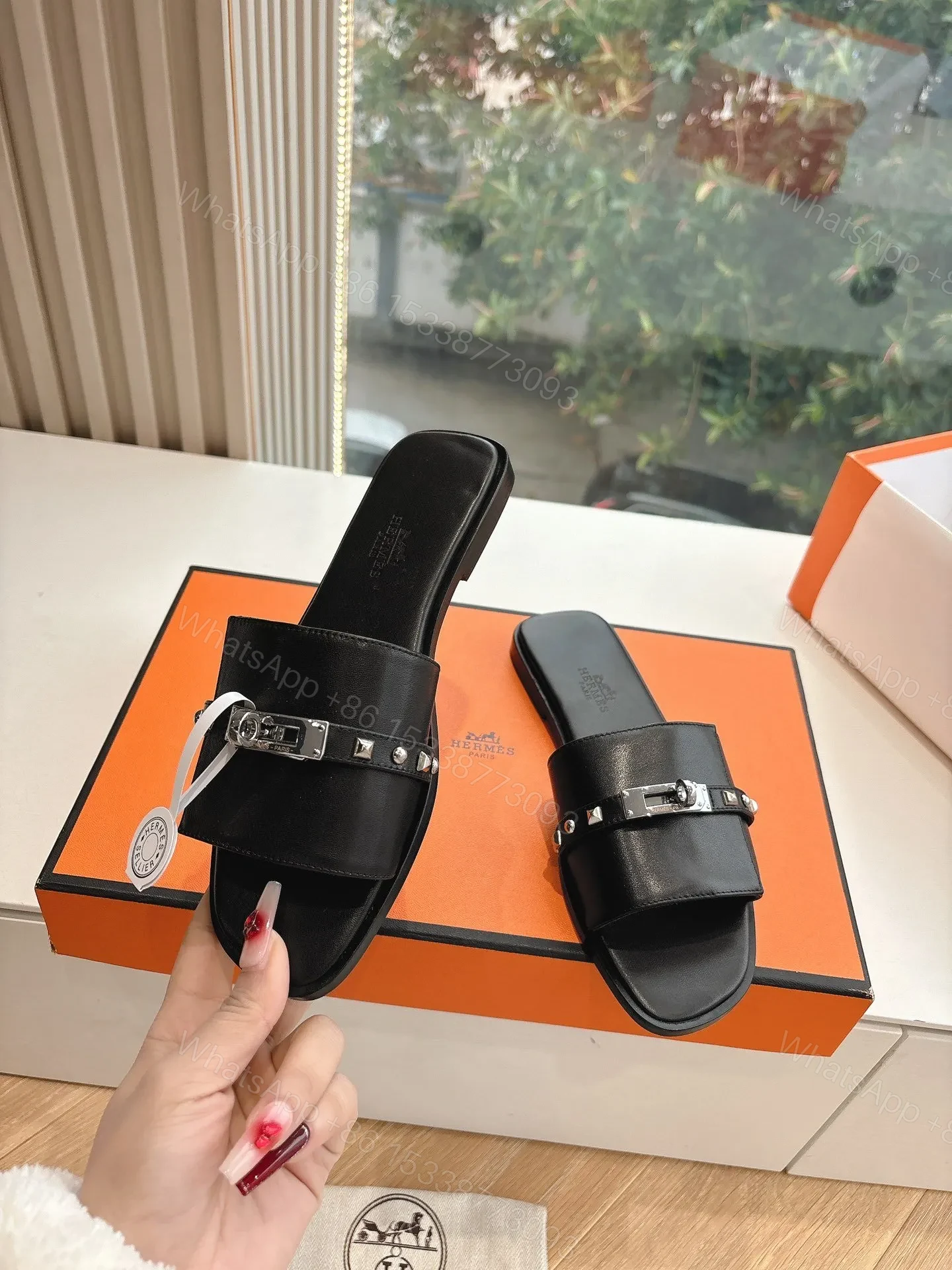 View 6 of Hermes Women Black Leather Slide Sandals