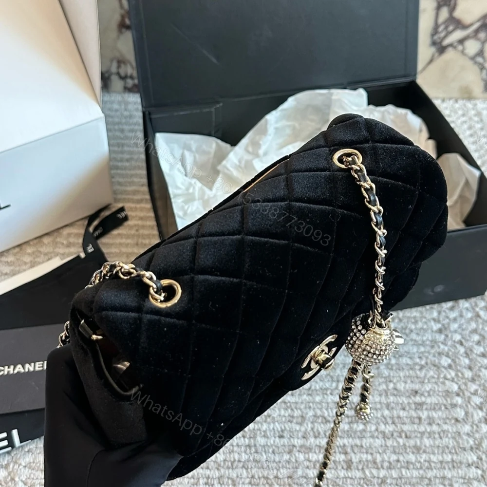 View 6 of Chanel Mini Flap Bag Velvet Diamante And Gold Tone Metal Black 20Cm