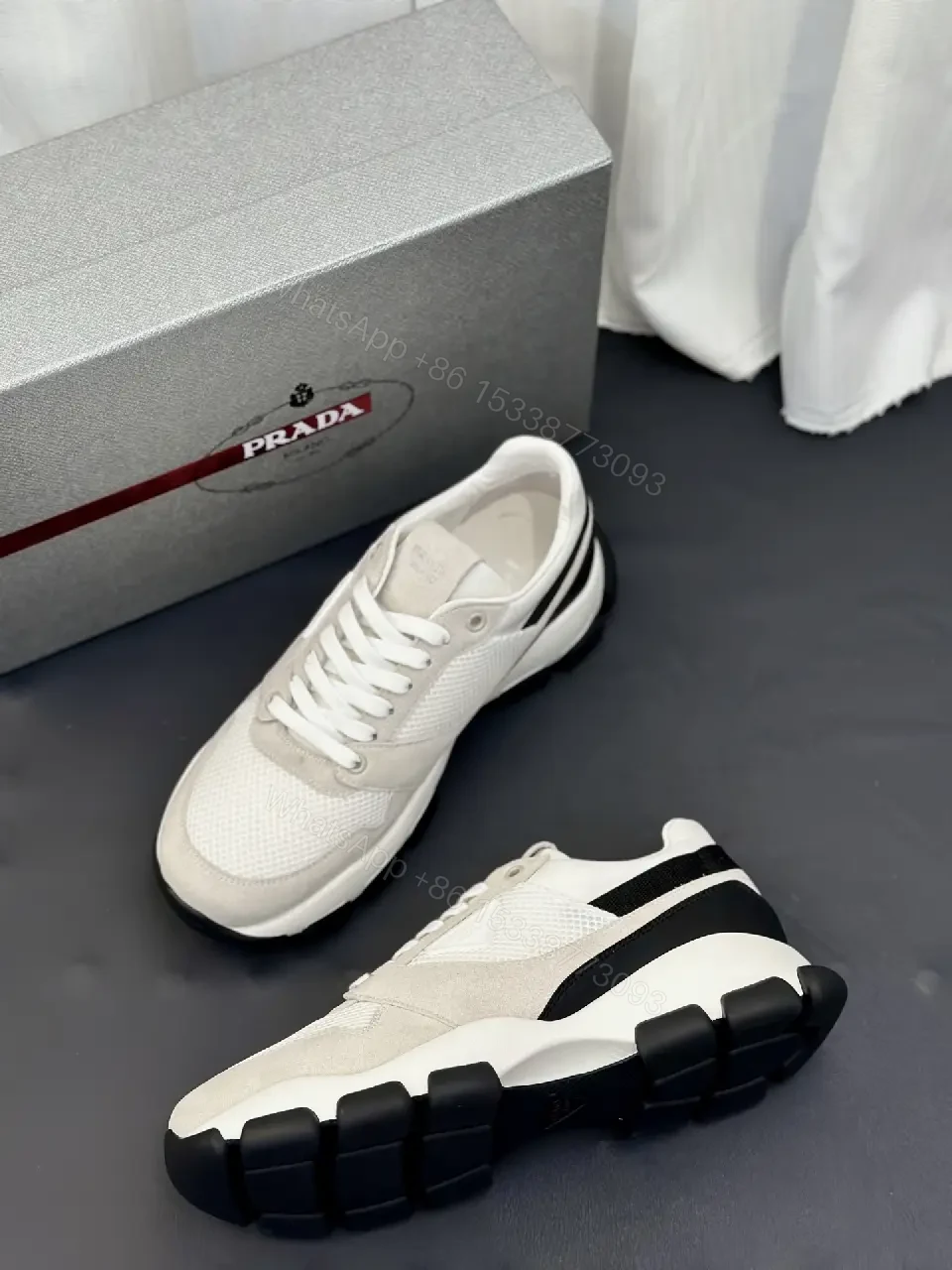 View 4 of Beige Leather Mesh Runner Sneaker with Black Accent, Prada Style