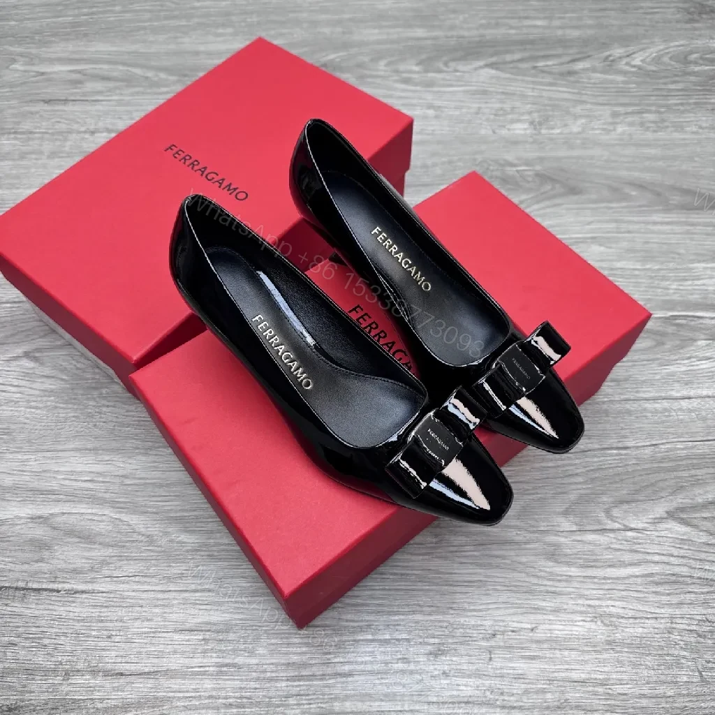 View 6 of Glossy Patent Pumps with Bow Detail, Black, 2.5" Heel