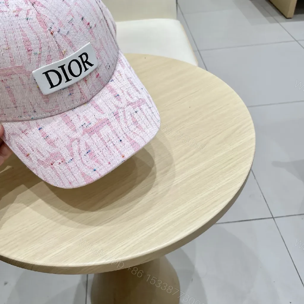 View 4 of Linen-Blend Cap: Pink Textured Knit, Dior-Inspired Patch, Soft Crown