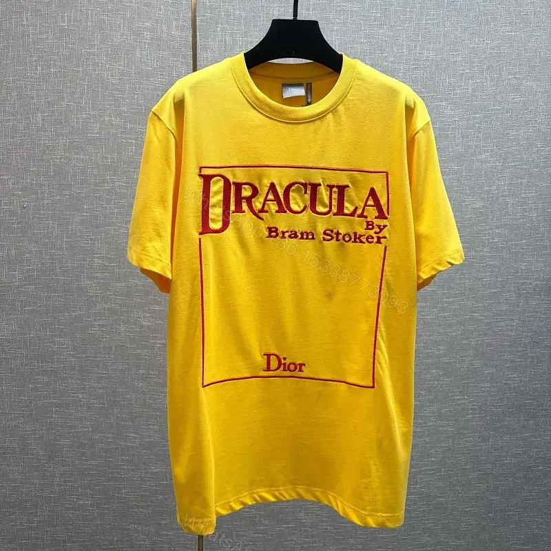 Yellow Cotton T-Shirt with Dracula Print, Dior Brand Style, Graphic Tee — view 1