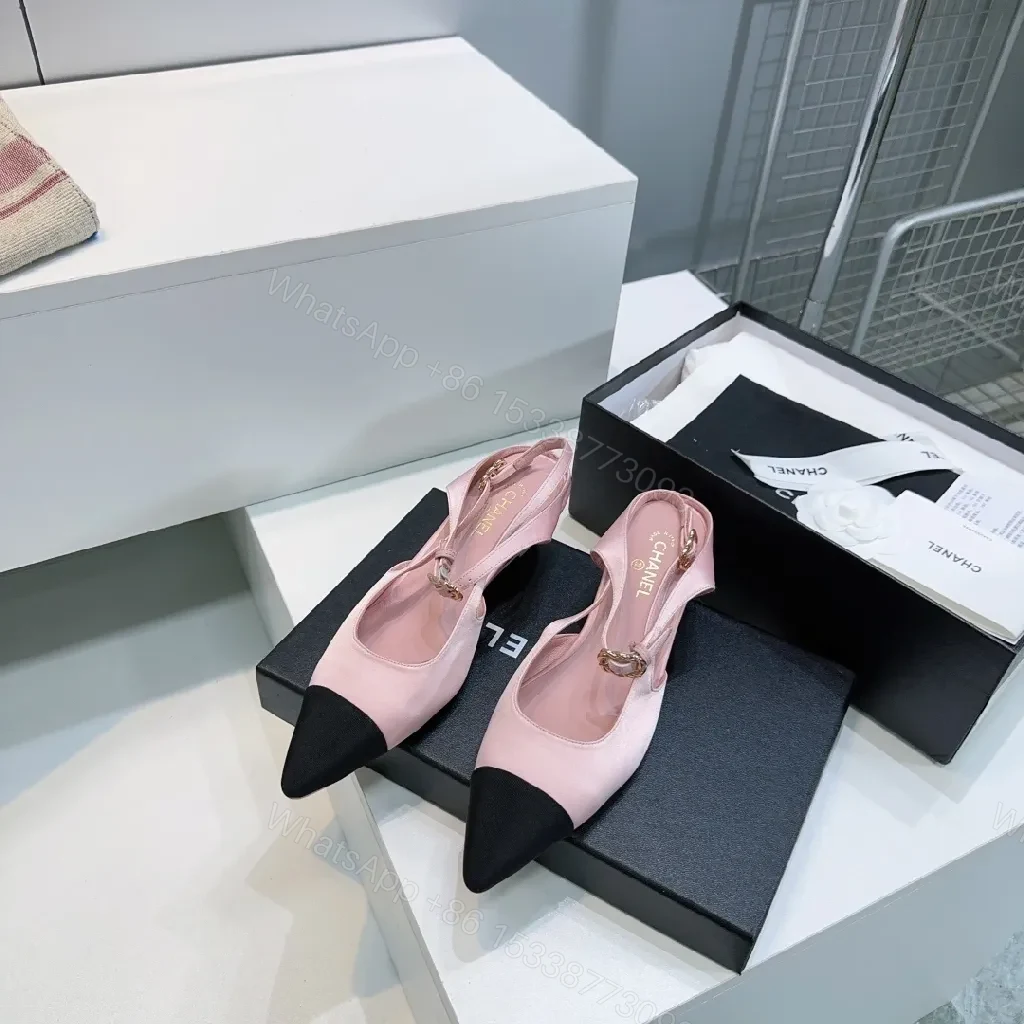 View 8 of Pink Leather Slingbacks with Black Cap Toe - Luxury Everyday Style