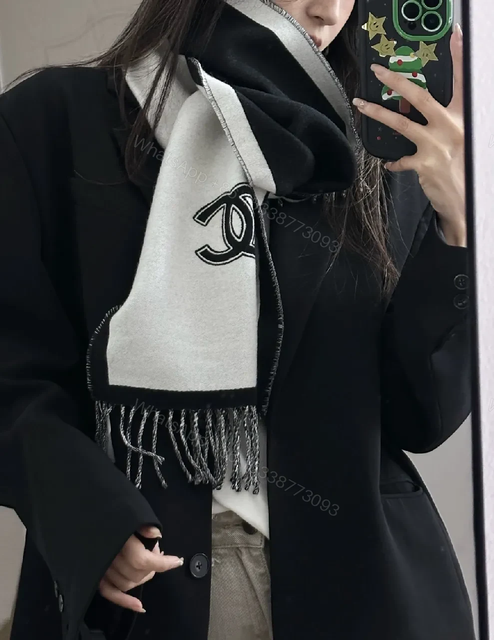 View 3 of Monochrome Knit Scarf: Two-Tone Luxe, Fringed Edge, Logo Motif