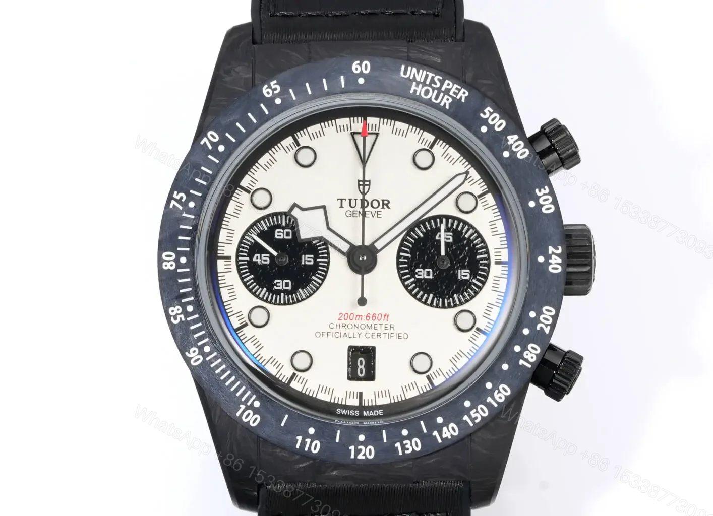 View 2 of Tudor Chronograph Watch White Dial Black Subdial Carbon Case Strap Premium 42MM M7937KN-0001