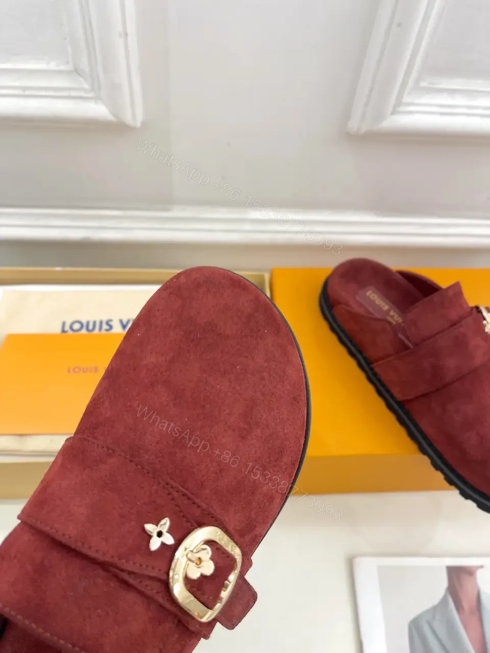 View 6 of Burgundy Suede Slipper Mule with Gold Buckle