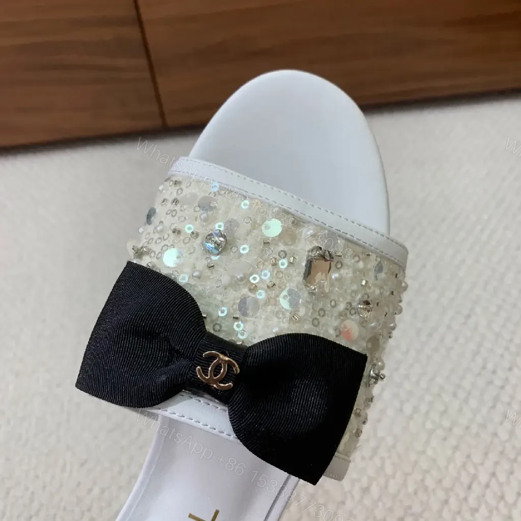 View 8 of White Crystal Glitter Sandals Satin Bow Chanel Style Sparkle Embellishments Slide Sandals