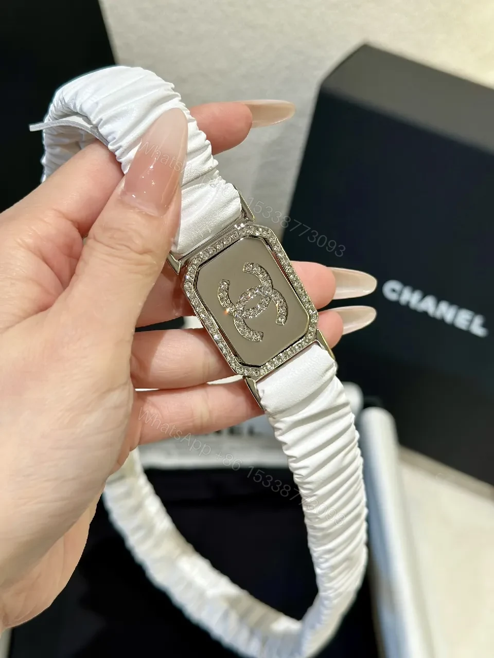 Lux White Strap Belt-Style Watch: Pavé Logo Bezel — view 1