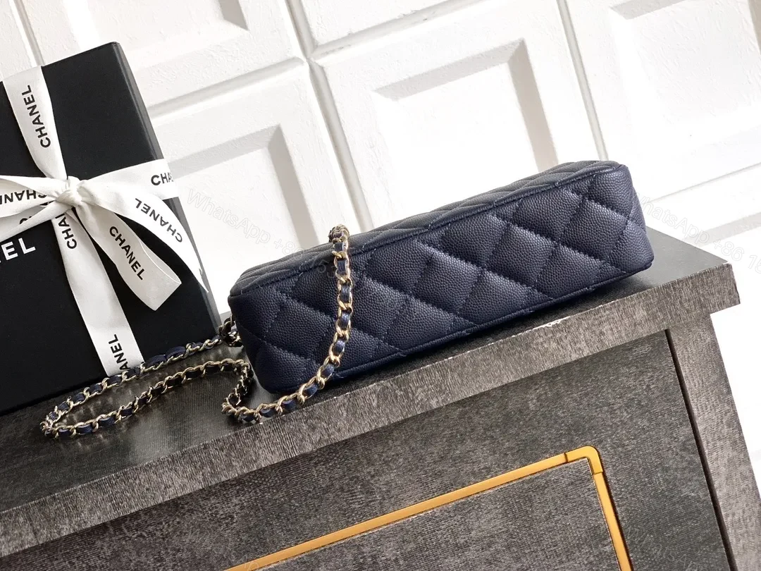 View 3 of Navy Quilted Crossbody: Gold-Emblem, Compact Luxury Bag