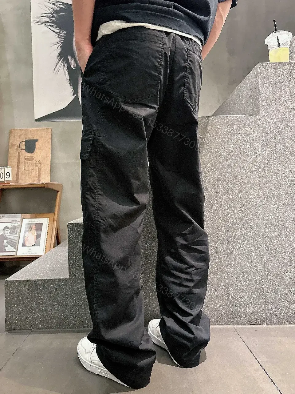 View 6 of Black Cargo Pants - Tactical, Smooth Fabric, Dior Logo Pocket, Relaxed Fit