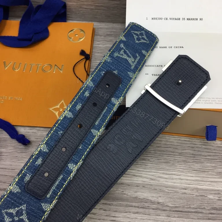 View 7 of Denim Monogram LV Beltâ€”Luxury Silver Buckle Accessory